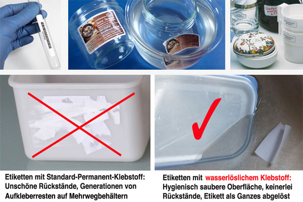 Etiketten mit wasserlöslichem Klebstoff sind rückstandsfrei entfernbar und einfach abzulösen