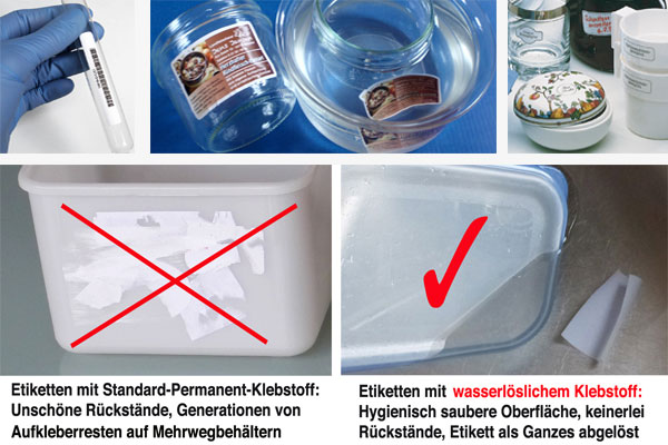 Einfaches Ablösen im Wasser - hygienisch saubere Oberfläche ohne Rückstände Etiketten mit wasserlöslichem Klebstoff sind rückstandsfrei entfernbar und einfach abzulösen