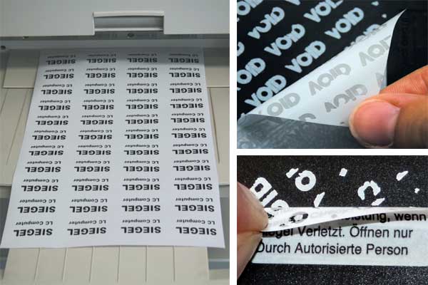 Manipulationssichere weiße VOID-Sicherheitsetiketten auf A4-Bogen für Laserdrucker