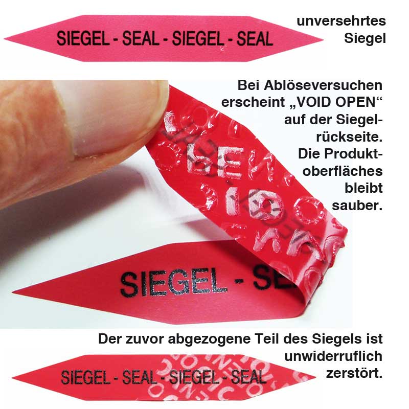 Rückstandsfrei ablösbares Sicherheits-Siegel aus roter Folie mit VOID OPEN Effekt