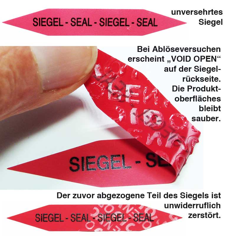 Rotes Siegeletikett - auffällig und manipulationssicher Rückstandsfrei ablösbares Sicherheits-Siegel aus roter Folie mit VOID OPEN Effekt