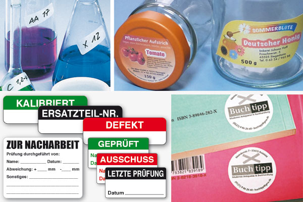 Temporäre Kennzeichnung, z.B. für Pfandgläser, Labrgefäße, Inventur, Lager, QS Etiketten aus Chromopapier mit wieder ablösbarem Kleber, z.B. für Labor, Pfandgläser, QS, Inventur