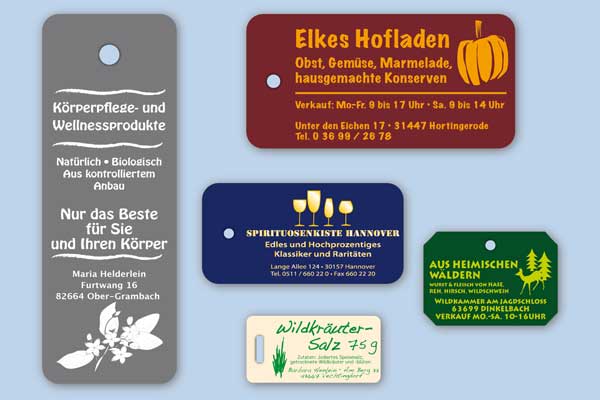 Anhänger aus farbigem Karton in Rechteck-Formaten mit Heißprägedruck Rechteckige Anhängeetiketten aus farbigem Karton in verschiedenen Formaten mit individueller Heißfolienprägung