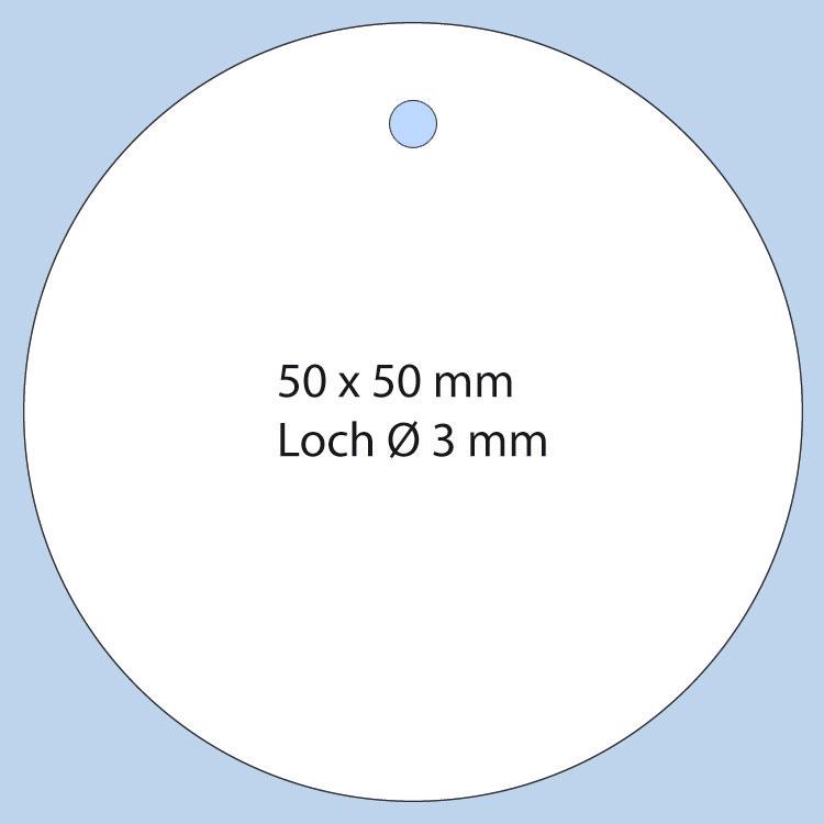 Rundes Anhänge-Etikett, Durchmesser 50 mm Rundes Anhängeetikett mit Loch für Faden im Format 50x50 mm aus weißem Karton