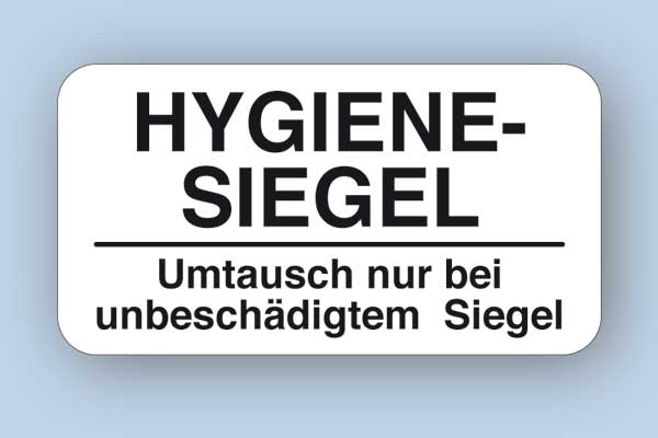 Hygienesiegel mit Standardtext - universell einsetzbar Hygienesiegel aus Sicherheitsfolie mit Aufdruck Umtausch nur bei unbeschädigtem Siegel, rechteckig 28x15 mm