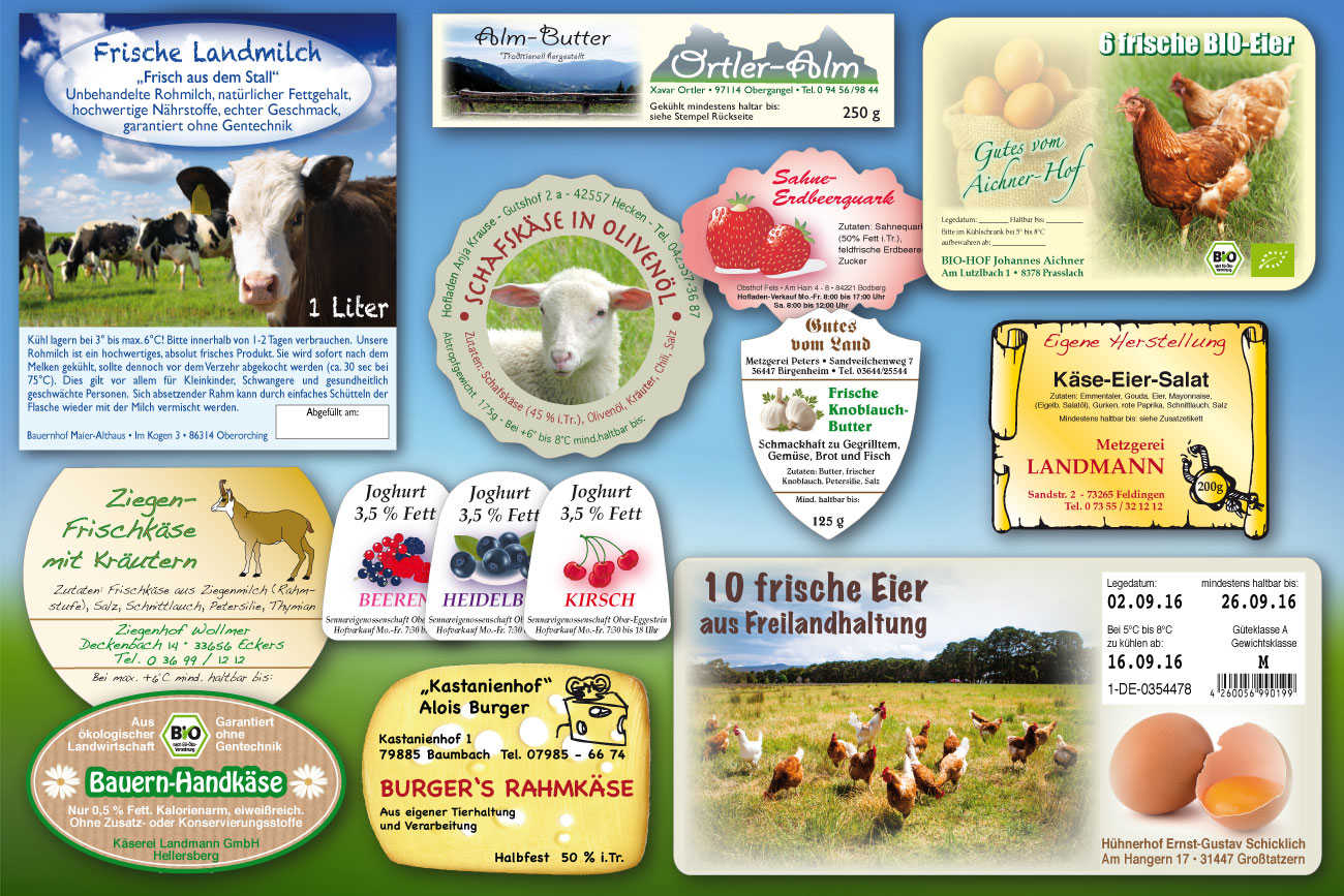 Etiketten für Molkereiprodukte, z.B. Aufkleber für Milchflaschen, Käse, Joghurt, Eis