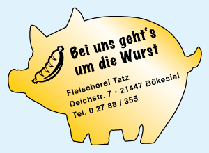 Goldene Schweinchen-Aufkleber mit Firmendruck für Fleischereien, Schlachtereien und Metzgereien