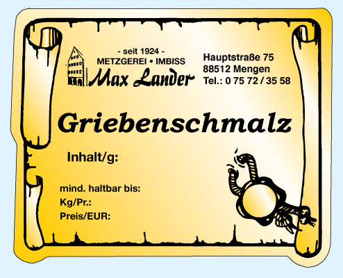 Metzgerei-Urkunden-Aufkleber aus goldenem Papier für Schmalz, Fleischsalat, Konserven, Wurstwaren