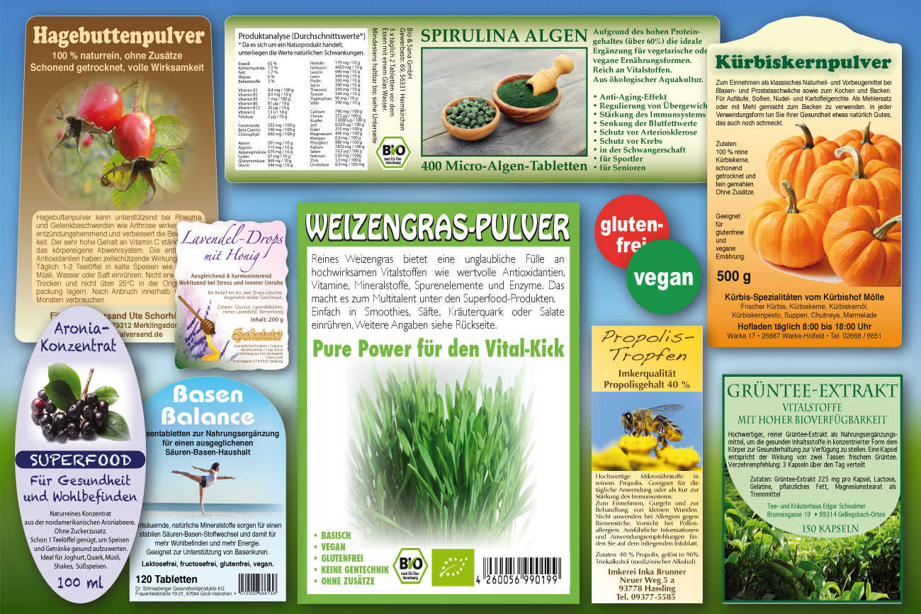Produktkennzeichnung in beliebigen Sorten und in großer Vielfalt Individuell bedruckte Produktetiketten in jedem Format für Nahrungsergänzungsmittel