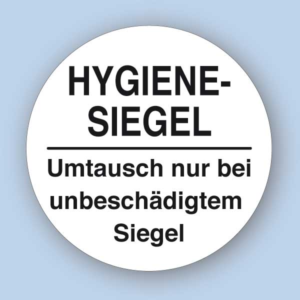 Hygienesiegel aus selbstzerstörender Sicherheitsfolie im Format rund 32x32 mm mit Text Umtausch nur bei unbeschädigtem Siegel