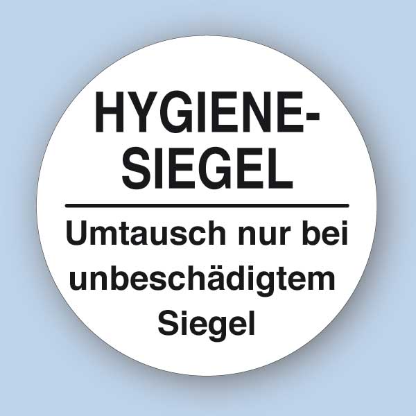 Rundes Verpackungssiegel für Hygieneartikel Hygienesiegel aus selbstzerstörender Sicherheitsfolie im Format rund 32x32 mm mit Text Umtausch nur bei unbeschädigtem Siegel