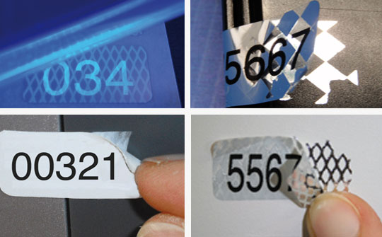 Individuell bedruckte Sicherheitsetiketten und Siegel mit Nummerierung für Eigentum, Inventar, Geräte