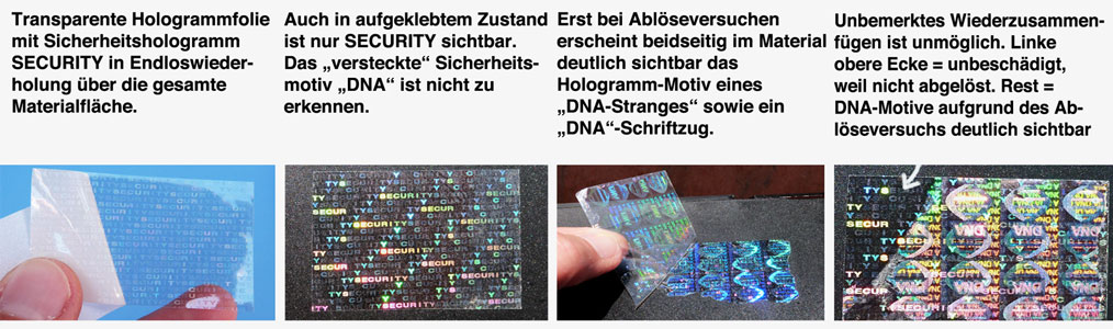 Transparente Hologrammfolie, bei der beim Ablösen ein Hologramm-DNA-Motiv erscheint