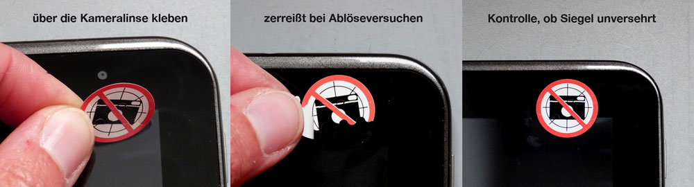 Fotoverbot-Siegel für Smartphones - wieder ablösbar aber trotzdem sicher Mit manipulationssicheren aber wieder ablösbaren Fotoverbot-Siegeln werden Smartphone-Linsen abgeklebt
