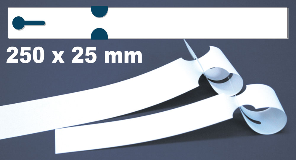 Schlaufenetiketten 250x25mm aus weißem Polyester mit Durchziehlasche  auf Bogen für Laserdrucker