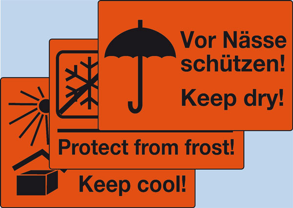 Leuchtrot-Aufkleber mit Warntexten für empfindliche Güter Verpackungsetiketten Leuchtrotpapier mit Warntexten Nässe, Hitze, Frost