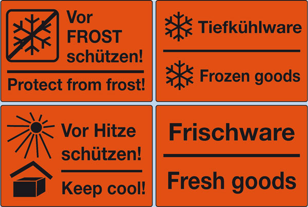 Fracht-, Lager- und Versandaufkleber mit Texten Frost, Hitze, Tiefkühlware, Frischware
