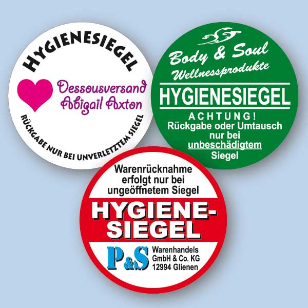 Individuelle Siegeletiketten für Hygiene-Verpackungen Hygienesiegel aus Sicherheitsfolie individuell bedruckt mit Wunschtext rund 32 mm