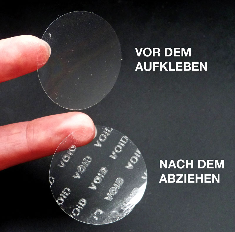 Klebepunkte aus transparenter Folie mit Sicherheitsklebstoff und Void-Effekt