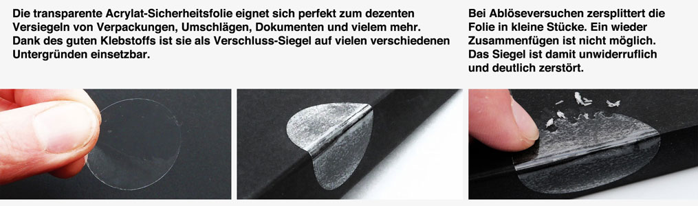 Acrylat-Dokumentenfolie - selbstzerstörend, manipulationssicher Selbstzerstörende und übertragungssichere Sicherheitssiegel aus transparenter Acrylat-Splitterfolie