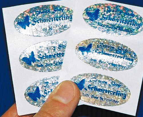 Holografische Etiketten mit blauem Heißprägung als auffällige Werbe- und Produktaufkleber
