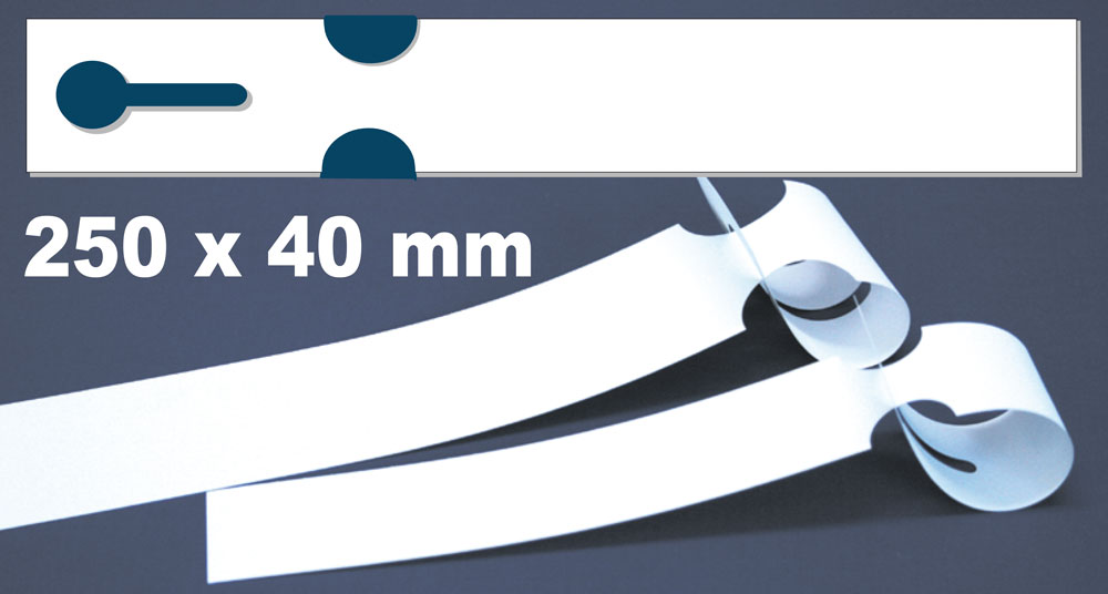 Schlaufenetiketten 250x40mm aus weißem Polyester mit Durchziehlasche  auf Bogen für Laserdrucker