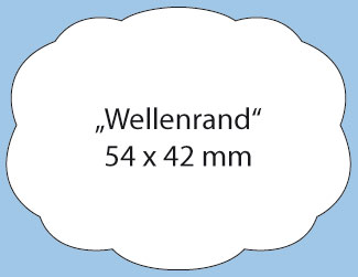 Etikett in Sonderform als Oval mit Wellenrand 54 x 42 mm