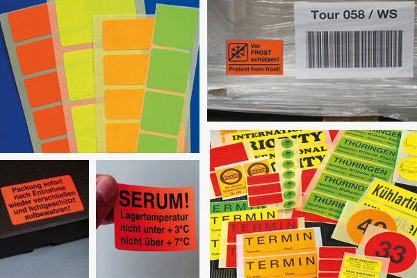 leuchtrot, leuchtgelb, leuchtorange, leuchtgrün Leuchtfarbenetiketten in Tagesleuchtfarben für auffällige Warnetiketten, Hinweisaufkleber und Markierungsetiketten