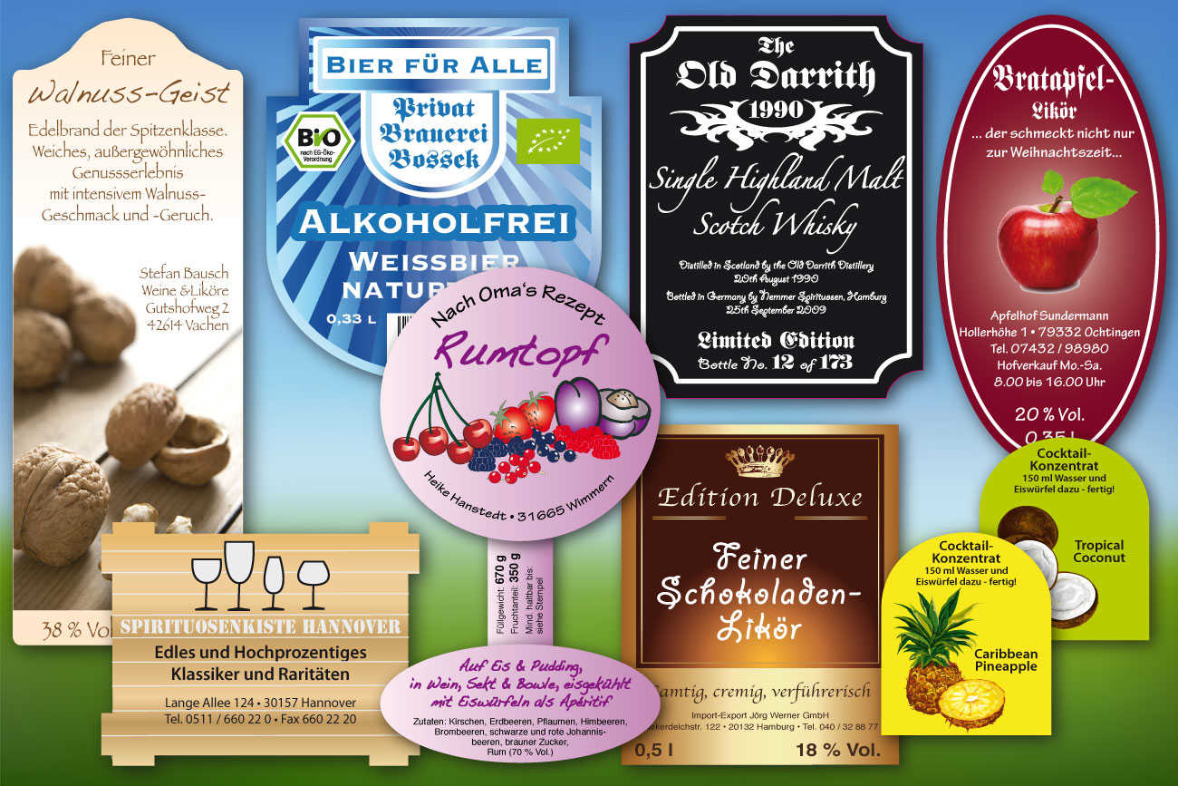 Individuelle Etiketten für Spirituosen, z.B. Whisky-Etiketten, Flaschenaufkleber für Likör und Schnaps