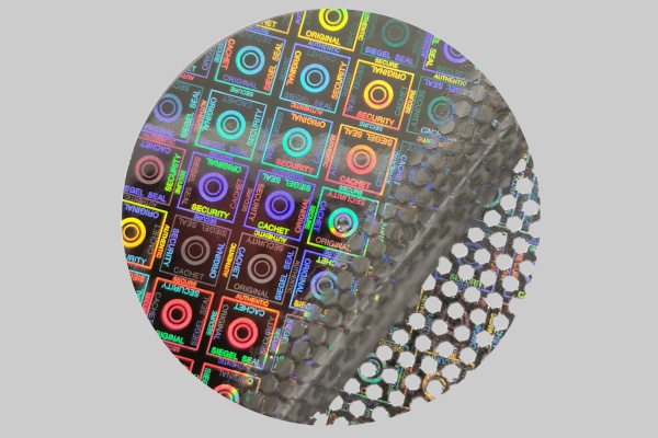 Runde Hologramm-Siegeletiketten Security Square mit rückseitigem Wabenmuster-Effekt als Manipulationsschutz 