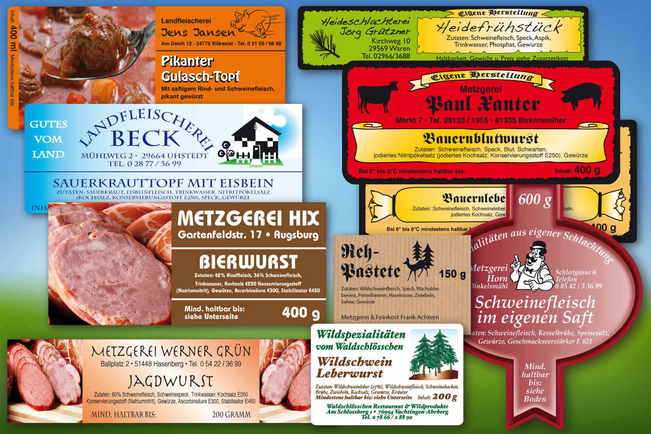 Individuelle Wurstdosen-Etiketten und andere Fleischerei-Etiketten