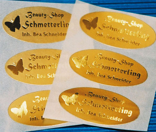 Firmen- und Werbe-Etiketten aus alukaschiertem Goldpapier mit glänzend goldener Metallic-Heißfolienprägung