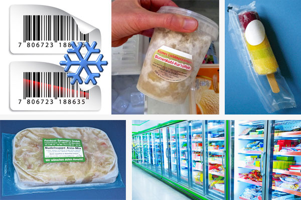 Tiefkühletiketten - frostbeständig und feuchtigkeitsresistent Individuelle Tiefkühletiketten für Produkte in Kühl- und Gefriertheken, Eis, Fleisch, Wurst