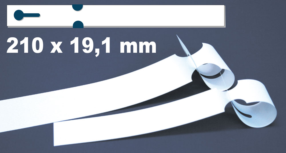 Schlaufenanhänger - einfach auf dem Laserdrucker selbst bedrucken Schlaufenetiketten 210x19,1 mm aus weißem Polyester mit Durchziehlasche  auf Bogen für Laserdrucker