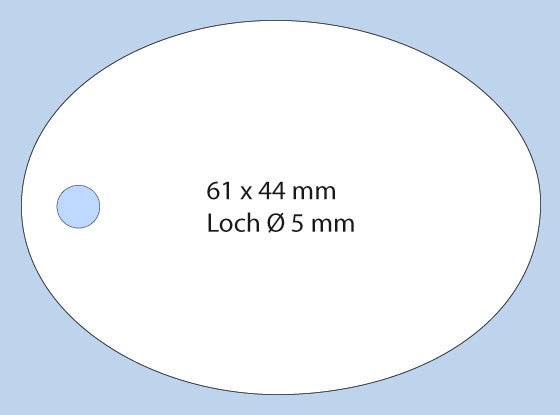 Hang Tag, weißer Karton, oval, Format 61x44mm Ovale Anhängeschildchen mit Loch für Faden oder Gummischilinge