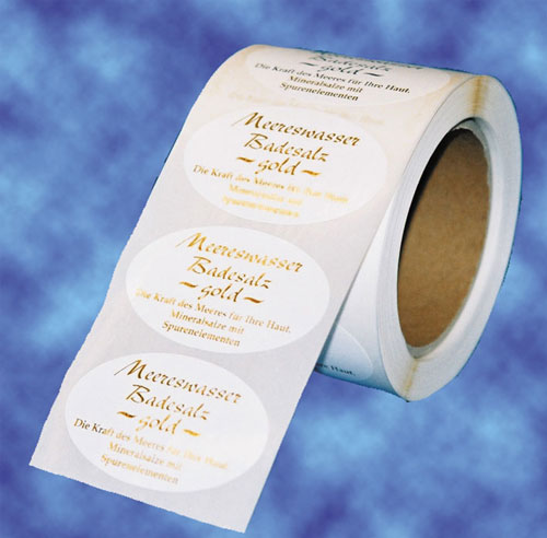 Weiße PE-Folien-Etiketten mit gold glänzender Heißprägung als edle Produktaufkleber