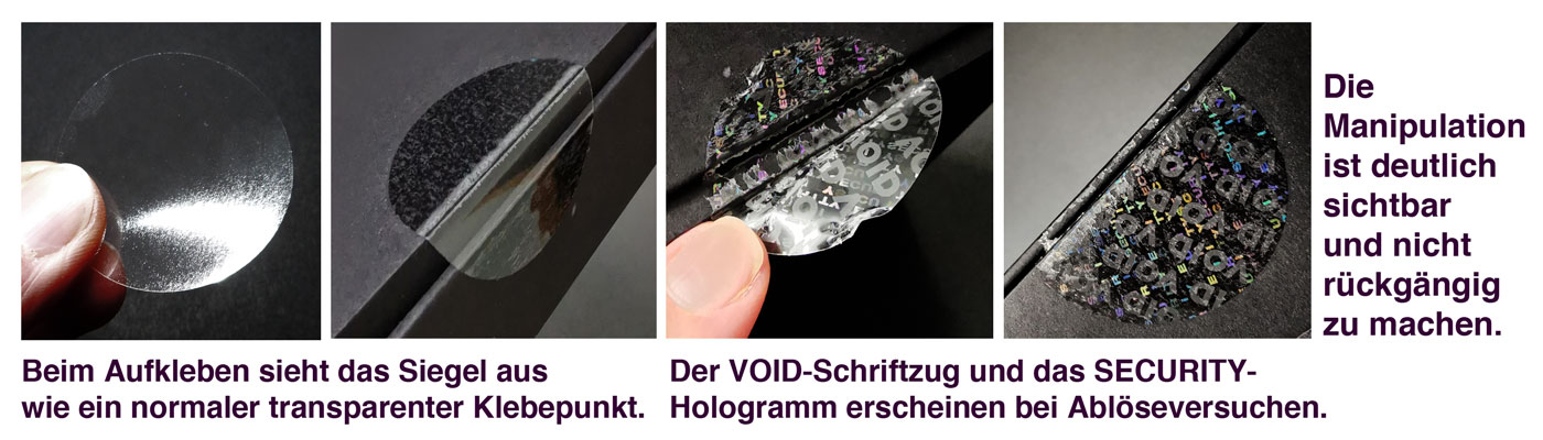 Transparente Hologramm-Siegeletiketten mit Void-Effekt können nicht unbemerkt abgelöst werden