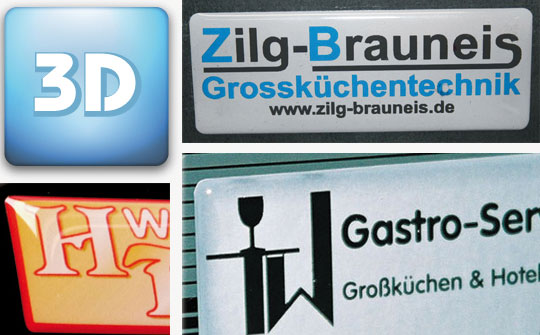 3D-Doming-Labels - optisch und haptisch attraktiv und exklusiv 3D-Doming-Aufkleber mit Gießharzkuppel in fühlbarer Kuppelform