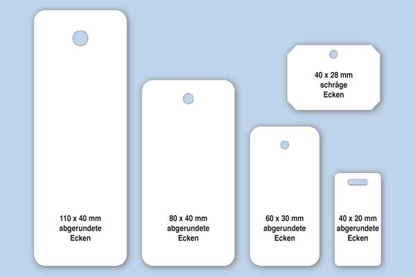 Rechteckige Anhängeetiketten aus weißem Kartonmaterial in verschiedenen Formaten