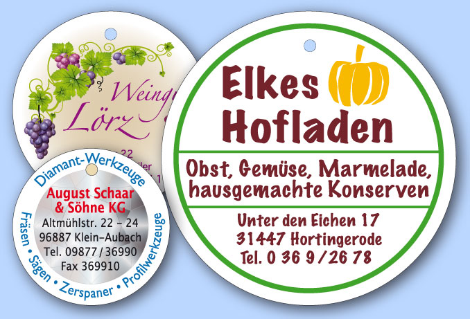 Runde Anhänge-Etiketten mit individuellem Druck in Offsetqualität Runde Anhängeetiketten, die im Offsetverfahren individuell beidseitig bedruckt sind