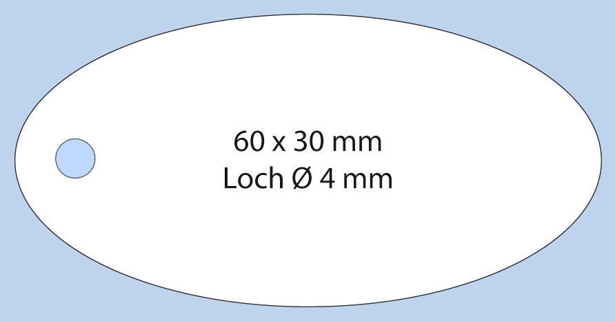Hang Tag, weißer Karton, oval, Format 60x30mm Ovale Anhängeschildchen mit Loch zum Befestigen mit Faden oder Gummi