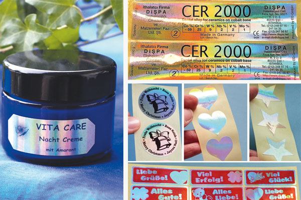 Holografische Labels als besondere Produkt- und Werbeetiketten Holografische Etiketten mit glänzender, schillernder Oberfläche in Regenbogenfarben