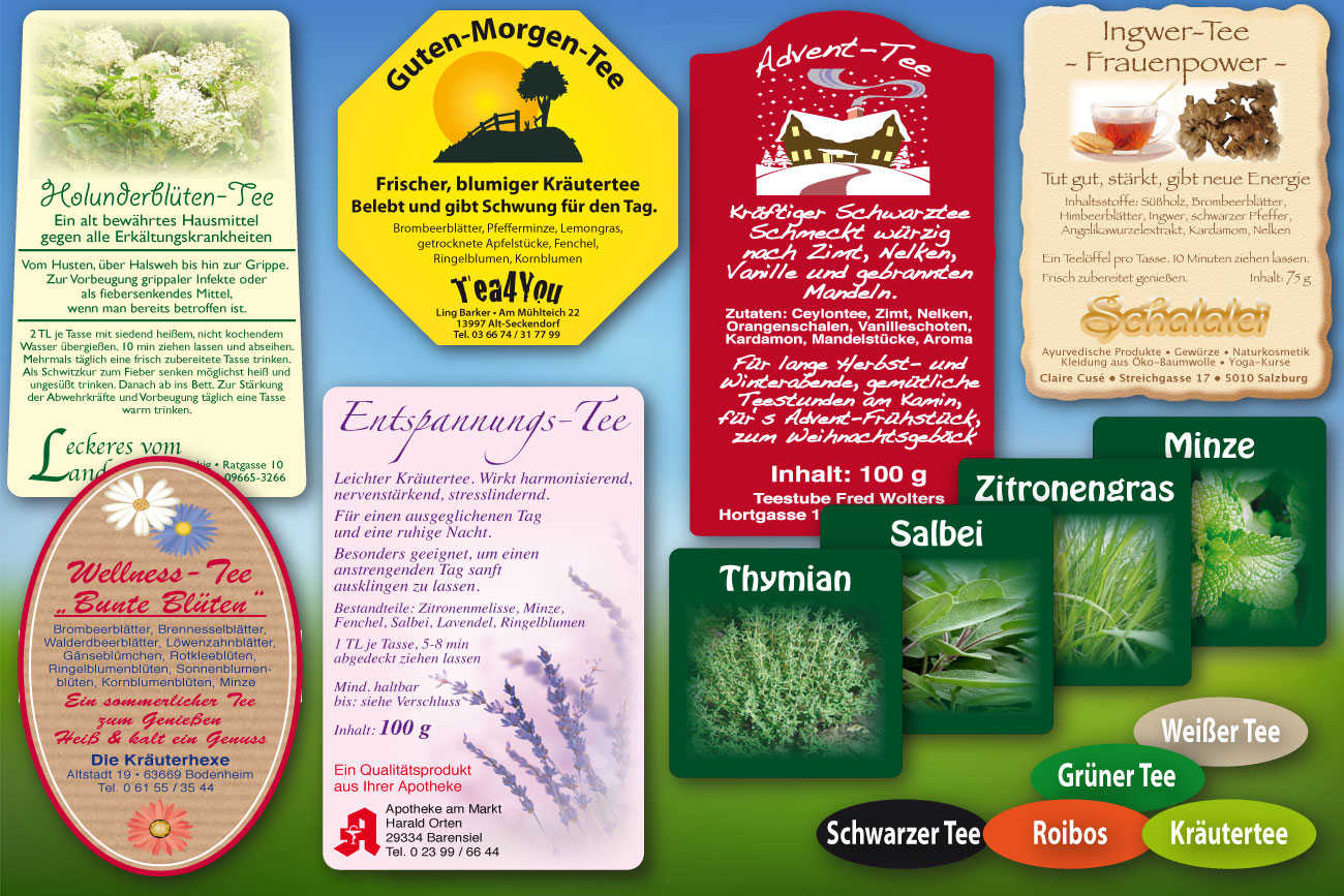 Individuelle Tee-Etiketten und Produktaufkleber für Kräuter