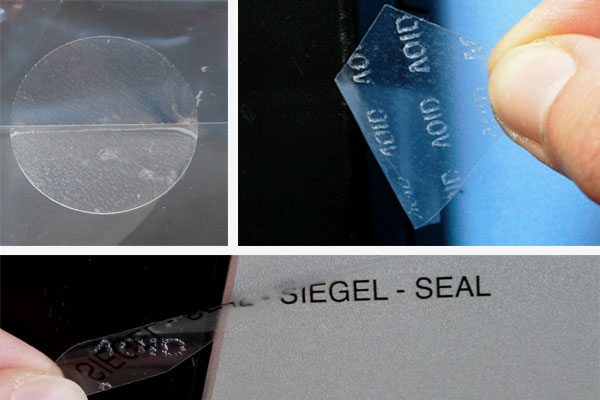 Manipulationssichere transparente Void-Siegel mit ablösbarem Klebstoff für temporäre Versiegelungen