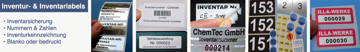 Sichere und langlebige Kennzeichnung von Eigentum und Inventar Inventaraufkleber und Eigentumsetiketten aus wetterfester Folie oder selbstzerstörender Sicherheitsfolie
