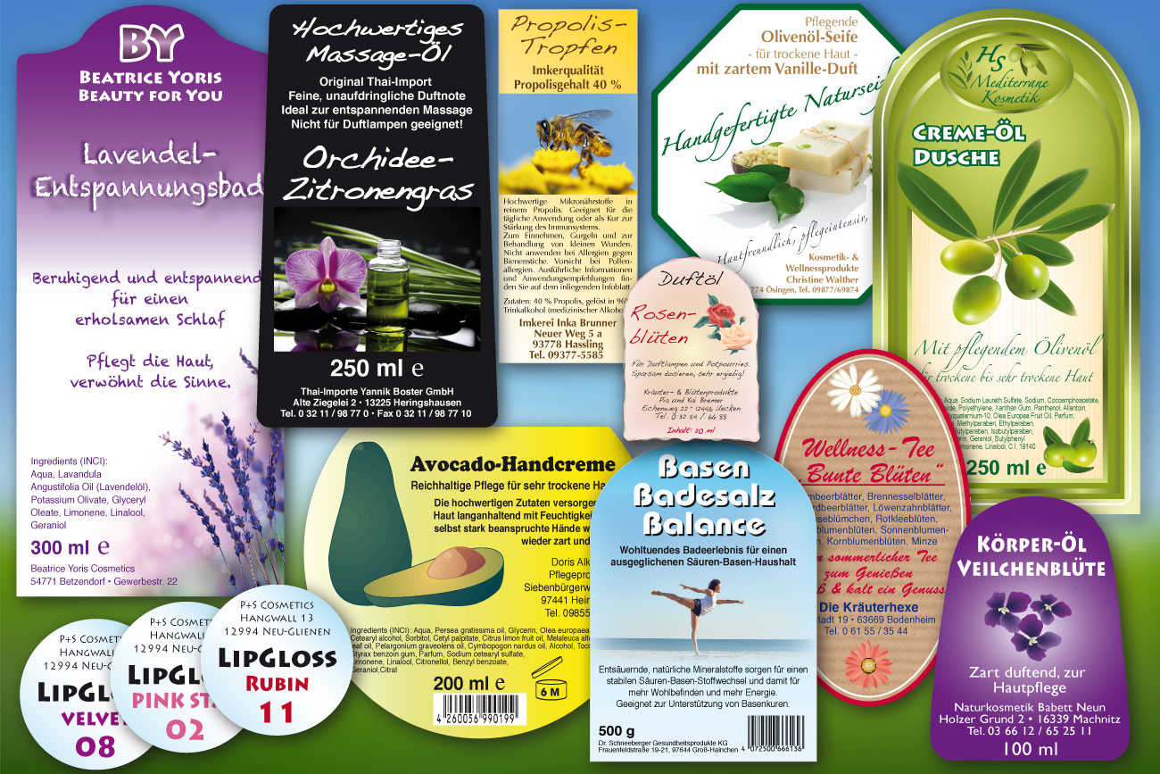 Ansprechende Labels für Kosmetik, Wellness, Körperpflege Individuelle Kosmetiketiketten und Labels für Körperpflegeprodukte