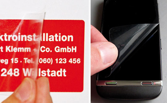 Transparente Schutzetiketten - selbstklebend oder statisch haftend Transparente Schutzetiketten und Schutzfolie als Laminat oder mit statischer Haftung ohne Klebstoff