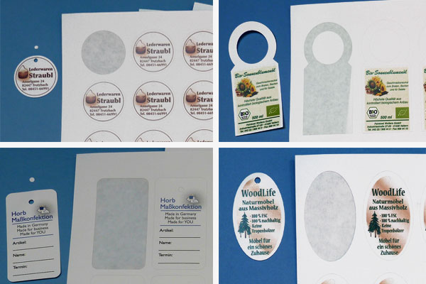 Bedruckte Anhänger auf Bogen - individuell, mehrfarbig, Bilderdruck Individuell bedruckte Anhängeetiketten in verschiedenen Formaten auf A4-Bogen