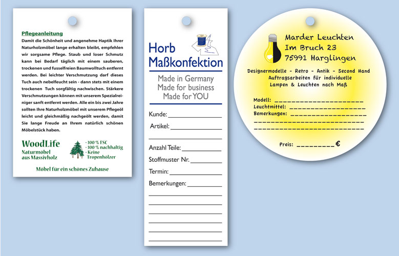 Anhängeetiketten aus Kartonmaterial mit individuellem Aufdruck Individuell bedruckte rechteckige oder runde Anhängeetiketten aus weißem Kartonmaterial