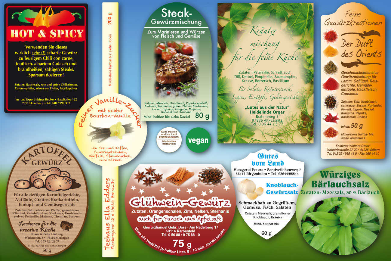 Individuelle Produktaufkleber für Gewürze in beliebigen Sorten Produktetiketten für Gewürze, Salze, Zucker, Kräuter, Pesto